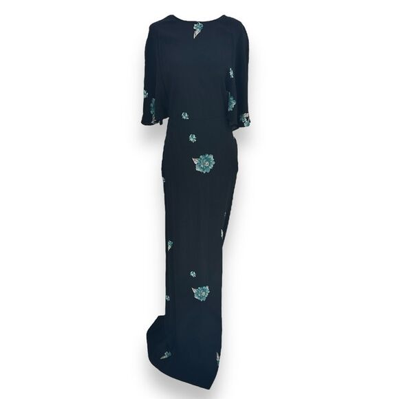 Reformation Escala Aquarelle Floral‎ Black Cape Sleeve Open Back Dress Size 6 - Picture 3 of 11